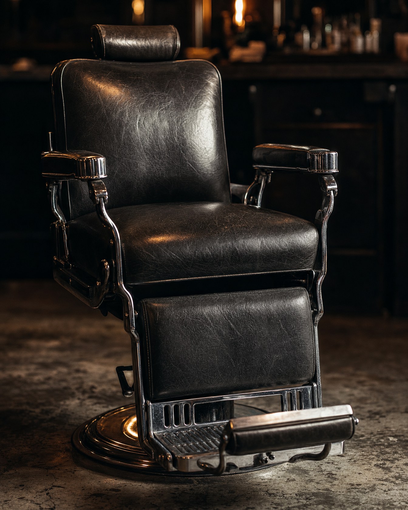 A black leather and chrome barber chair at Halloran Barbers
