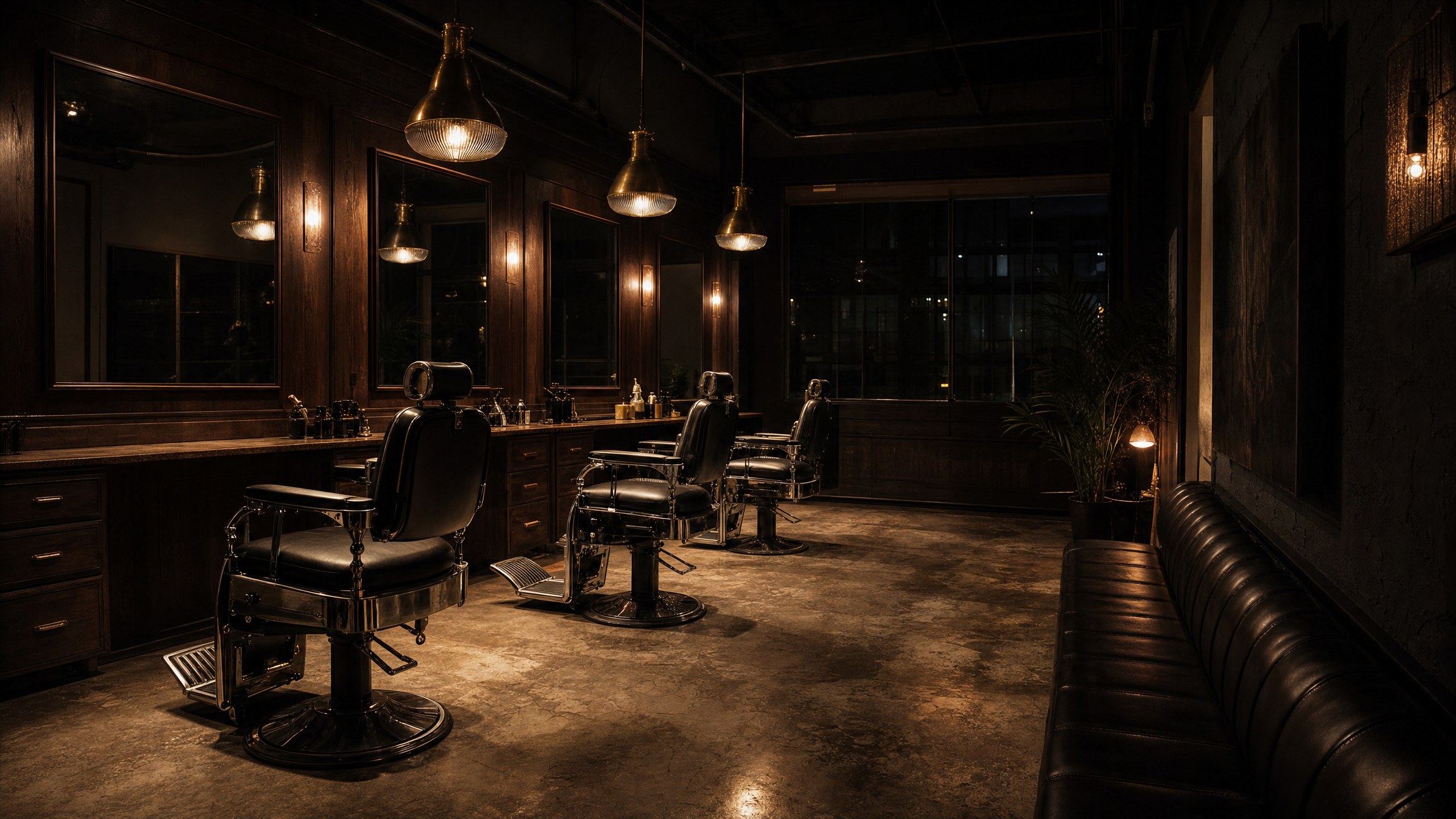 The interior of Halloran Barbers at night