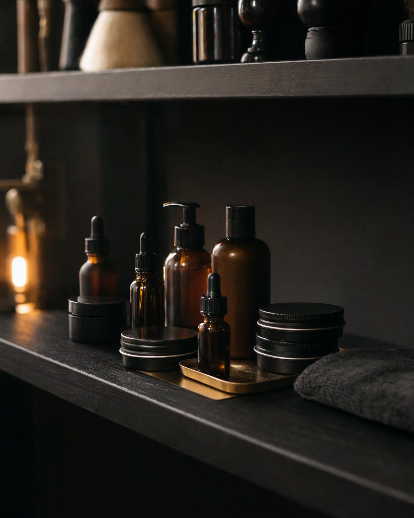 Grooming products on the shelf at Halloran Barbers