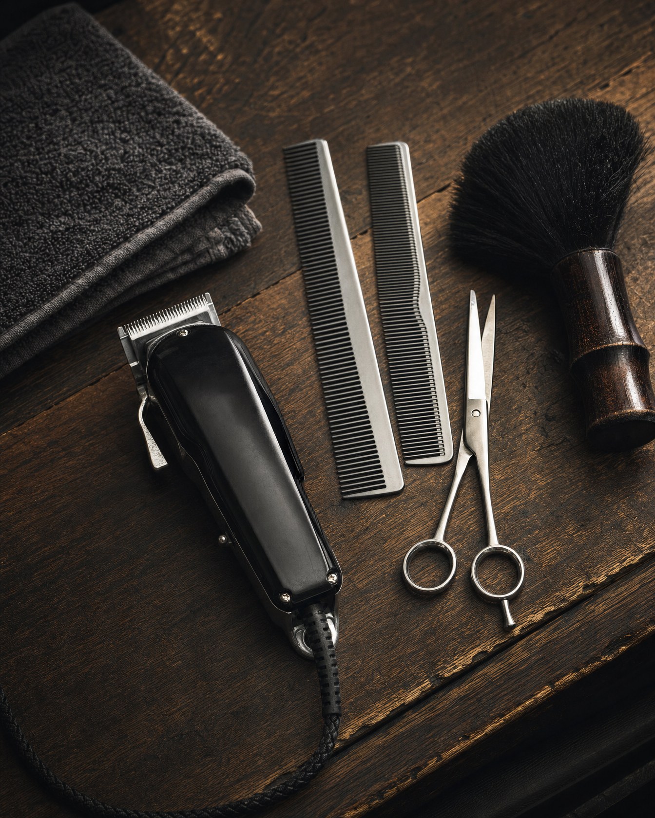 Clippers, combs and scissors laid out on the counter at Halloran Barbers