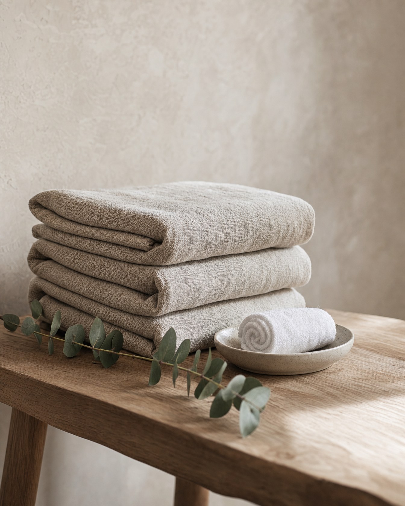 Folded linen towels on a timber bench with a rolled face cloth and a sprig of eucalyptus