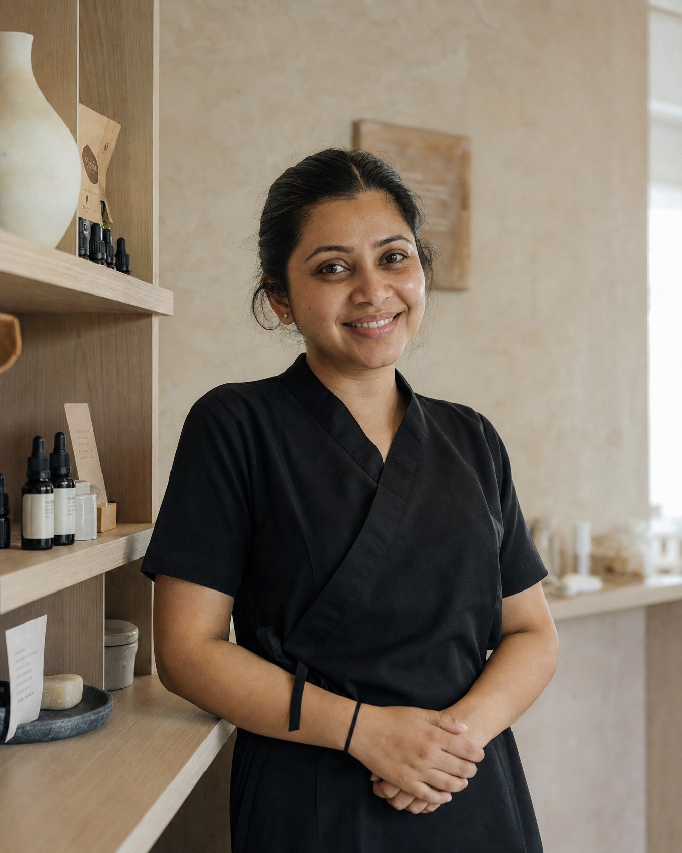 Priya Raman, therapist at Linden Row Beauty, beside the salon shelving