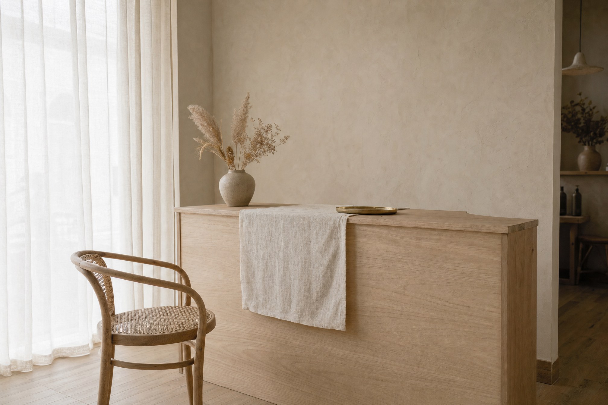 The reception counter at Linden Row Beauty, in pale oak with a linen runner and dried grasses