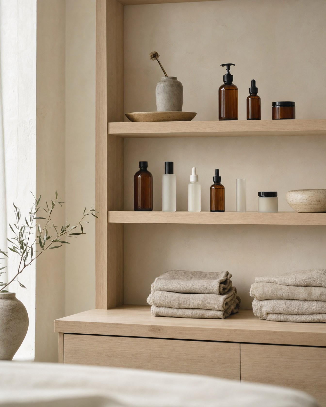 Skincare on the open shelving at Linden Row Beauty, with folded linen towels below