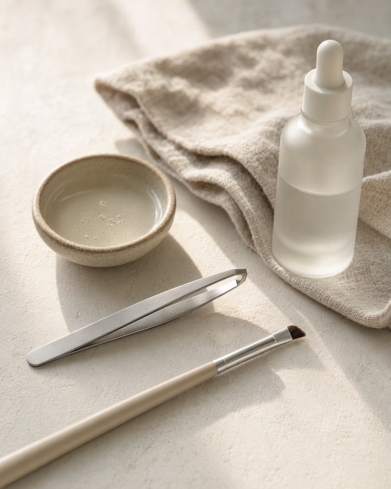 Brow tweezers, an angled brush and a dropper bottle laid out on a pale surface